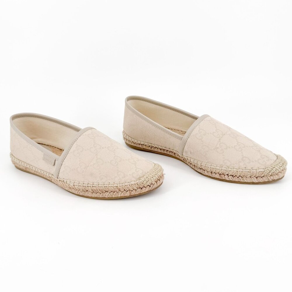 Gucci GG Espadrille Flats EU 38.5 US 8.5 White Gray Monogram Canvas Slip On Shoe